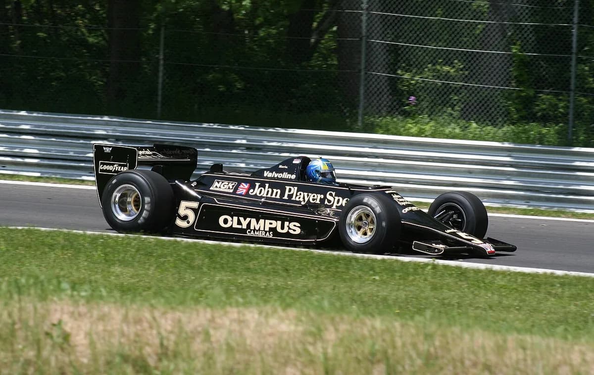 John Player Special Lotus 79 racing at a Historic Grand Prix at Lime Rock Park