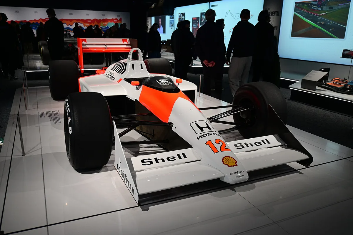 Ayrton Senna's 1988 McLaren MP4/4 on display at the Formula 1 Exhibition in London